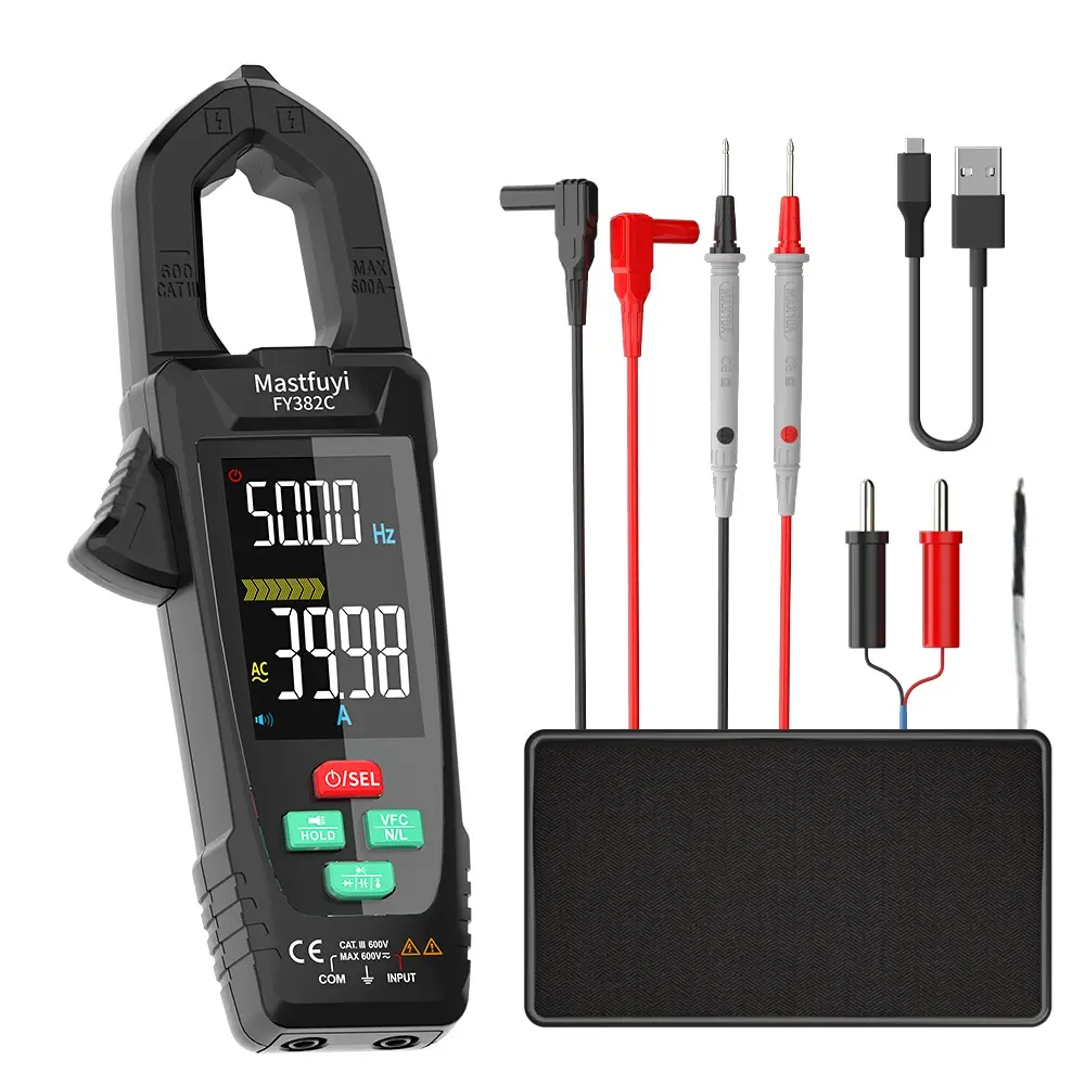 Mastfuyi True RMS Digital Clamp Mtr - 6000 Counts, 600A Auto-Ranging Hook-Type Tester with USB Charger, 600V, 900mAh Built-In Batteries, NCV Alarm, Data Hold Function, Backlight for Electricians