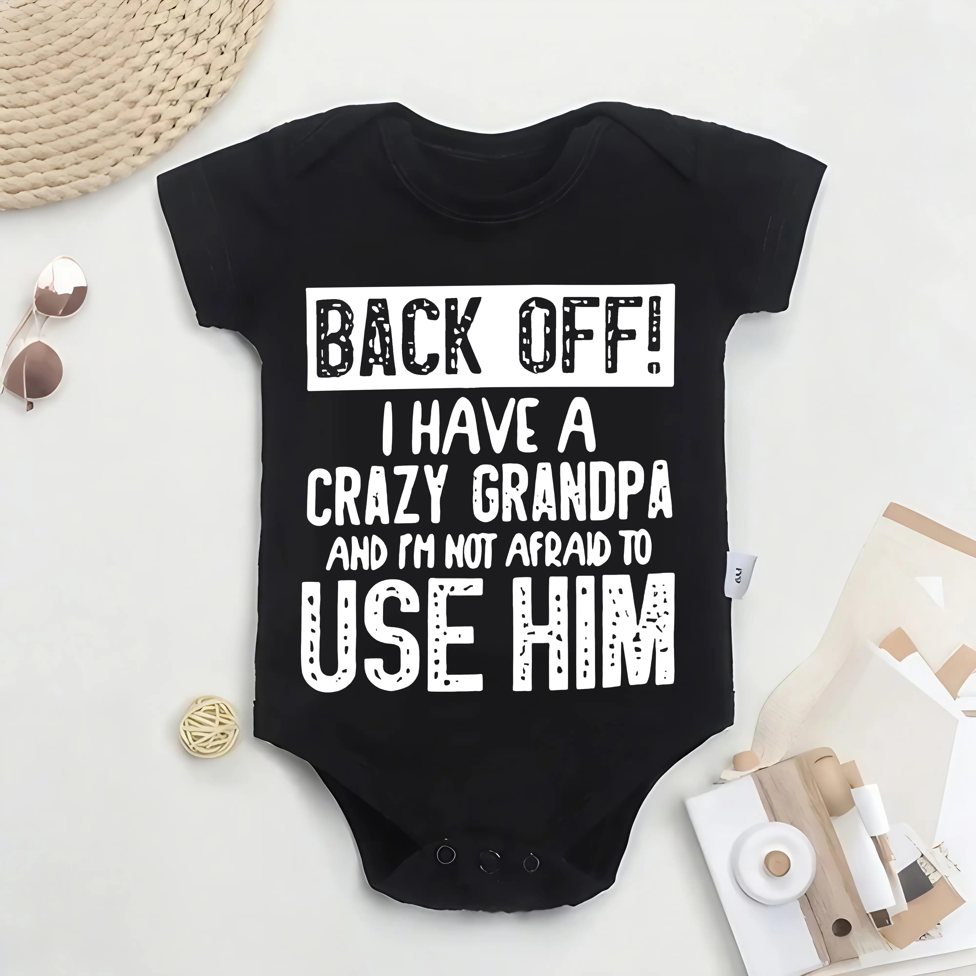 Unisex Baby Bodysuit, Fun Themed Cotton Knitted Infant Onesie with "Crazy Grandpa" Print, All-Season Regular Fit for Newborns, Fun Themed Bodysuits, Infant Bodysuit