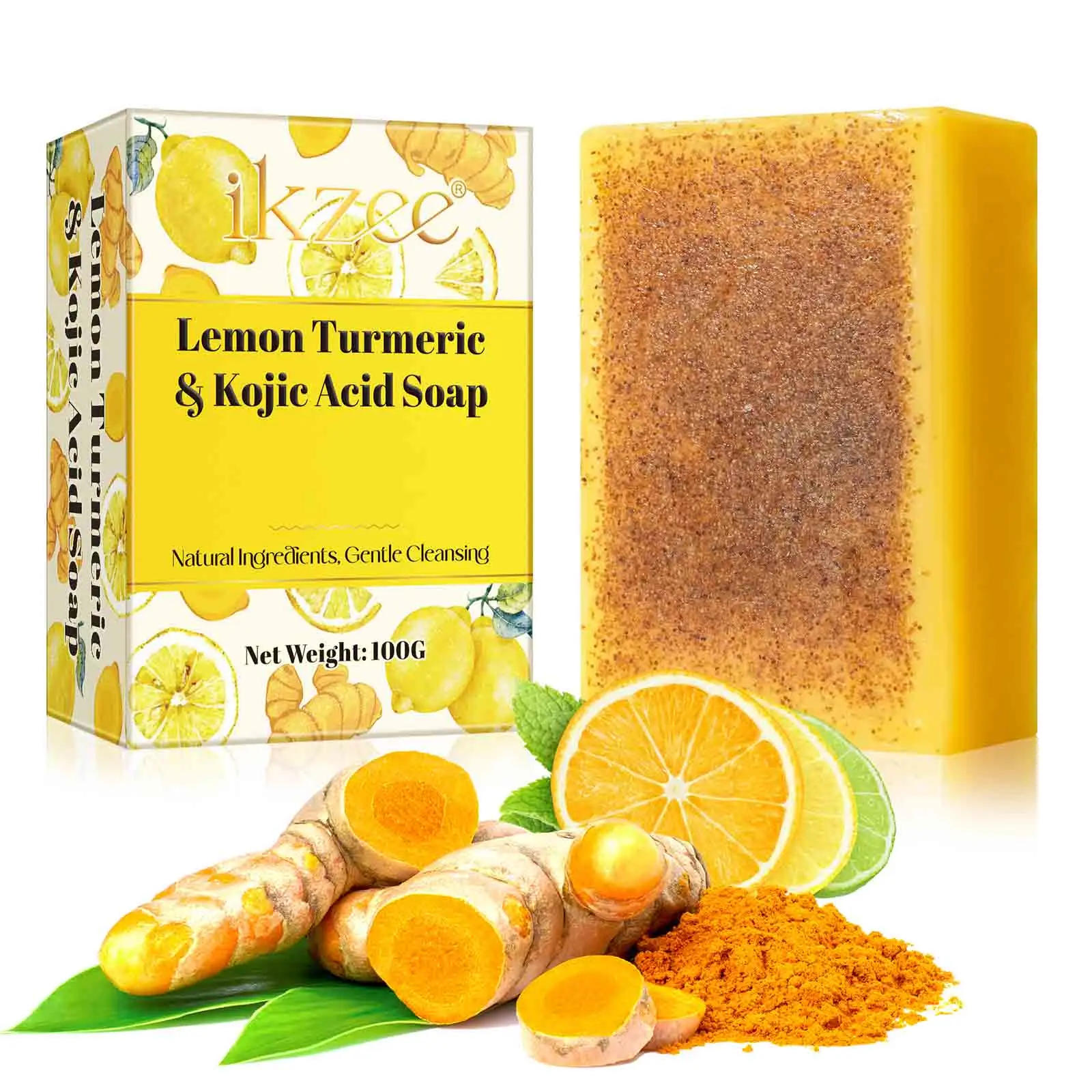 ikzee Turmeric Soap Bar with Shea Butter & Hyaluronic Acid - Moisturizing Cleansing Brightening Facial Cleanser & Body Wash - Dark Spots Treatment, Hyperpigmentation Care, Radiant Skin for All Skin Types, 100g, Moisturize