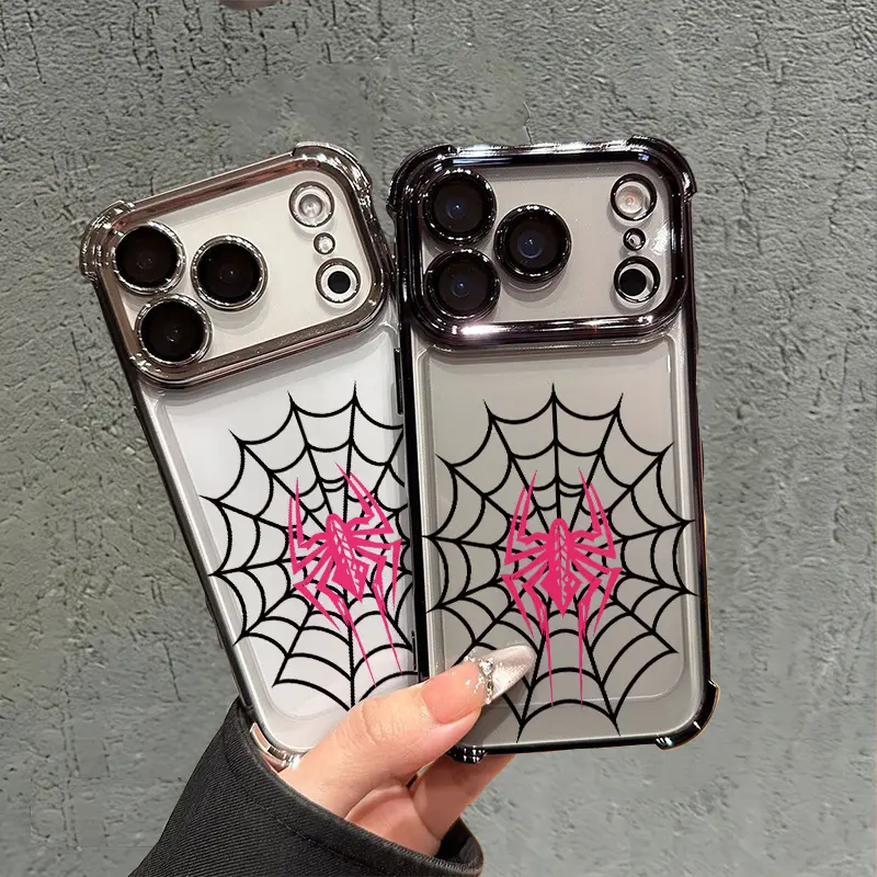 Pink-black spider web Phone Case for iPhone 17 AIR 17 PRO 16 PRO 15  PRO MAX  14 PLUS 13 PRO 12 11 series (silicone softshell) airbag anti-drop and shockproofmobile phone protective case Shockproof, Accessories, Smartphone