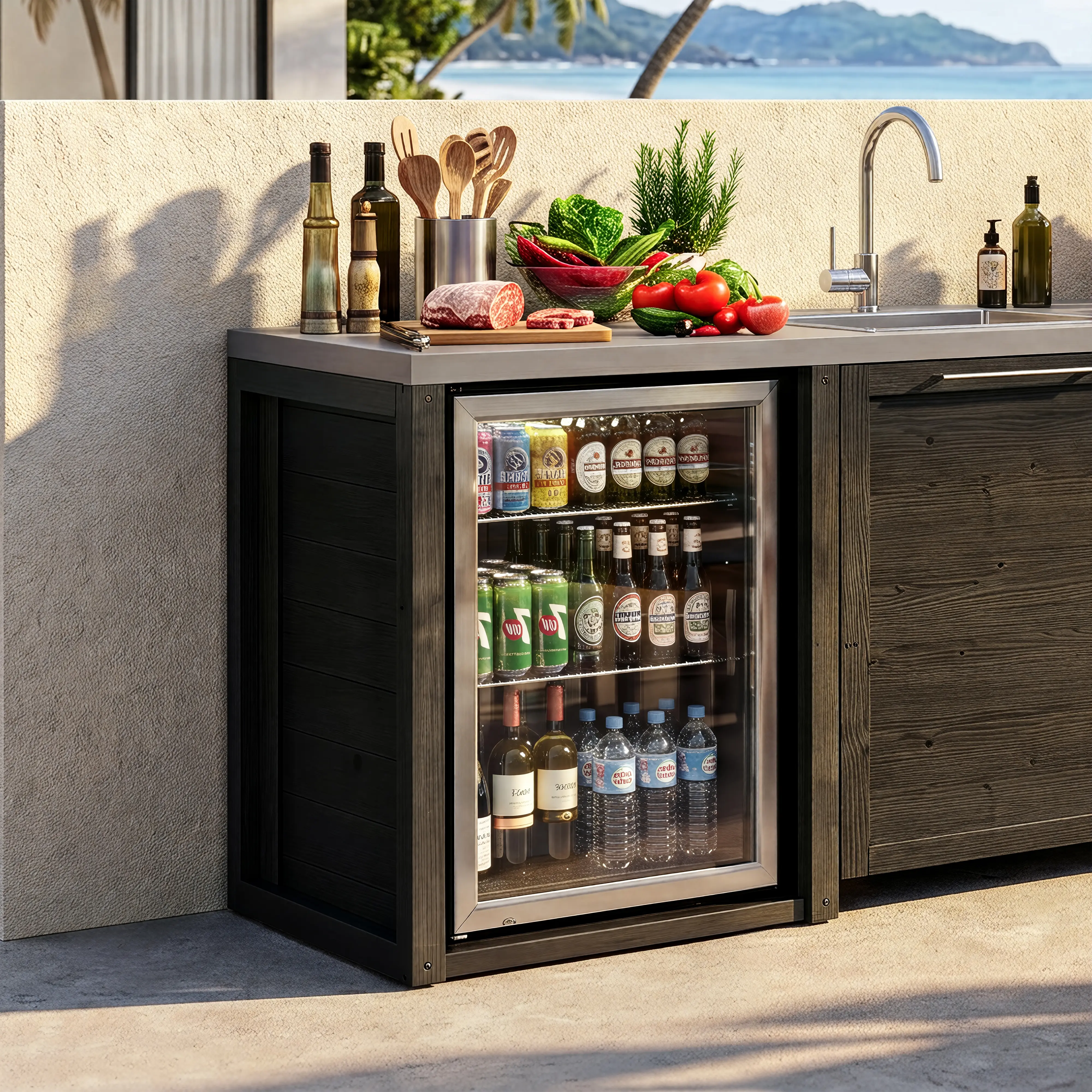 FUFU&GAGA Modular Outdoor Kitchen Refrigerator Cabinet, Weather‑Resistant Wood Cabinet Shell with Stainless Steel Countertop, Ventilation Slats & Cord Hole for Built‑In Beverage Fridge