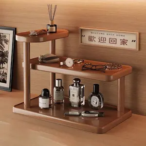 Solid Wood Multi Tier Desktop Display Shelf Modern Light Brown Freestanding Storage Rack No Assembly Needed Space Saving for Bathroom Kitchen Bedroom Vanity Retail Display Stand Arched Cabinet Bookshelf