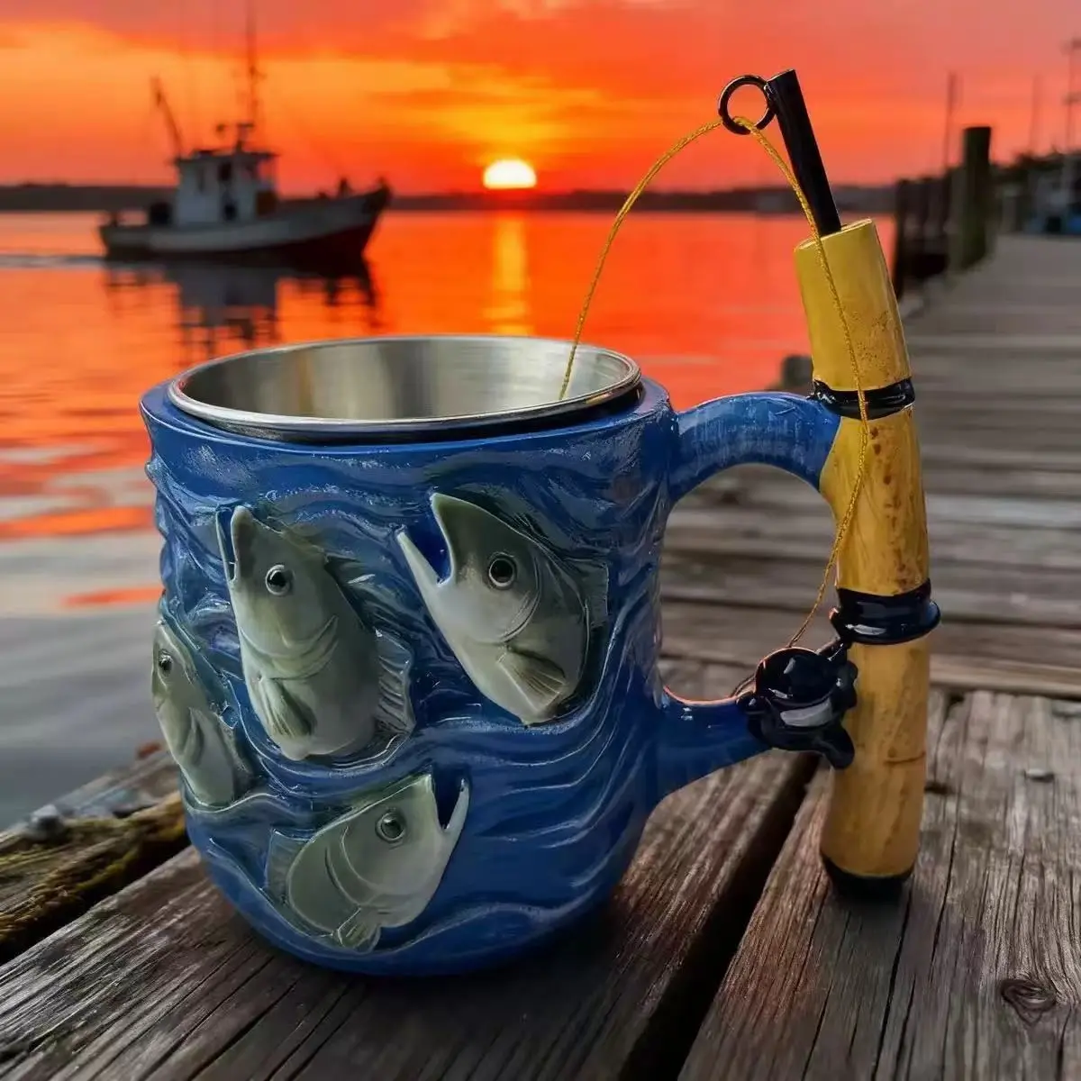 Fishing-Themed Resin Mug with 3D Fishing Rod & Fish Design, Durable Stainless Steel Liner Cup for Anglers, Unique Gift for Fishing Enthusiasts, Drinkware