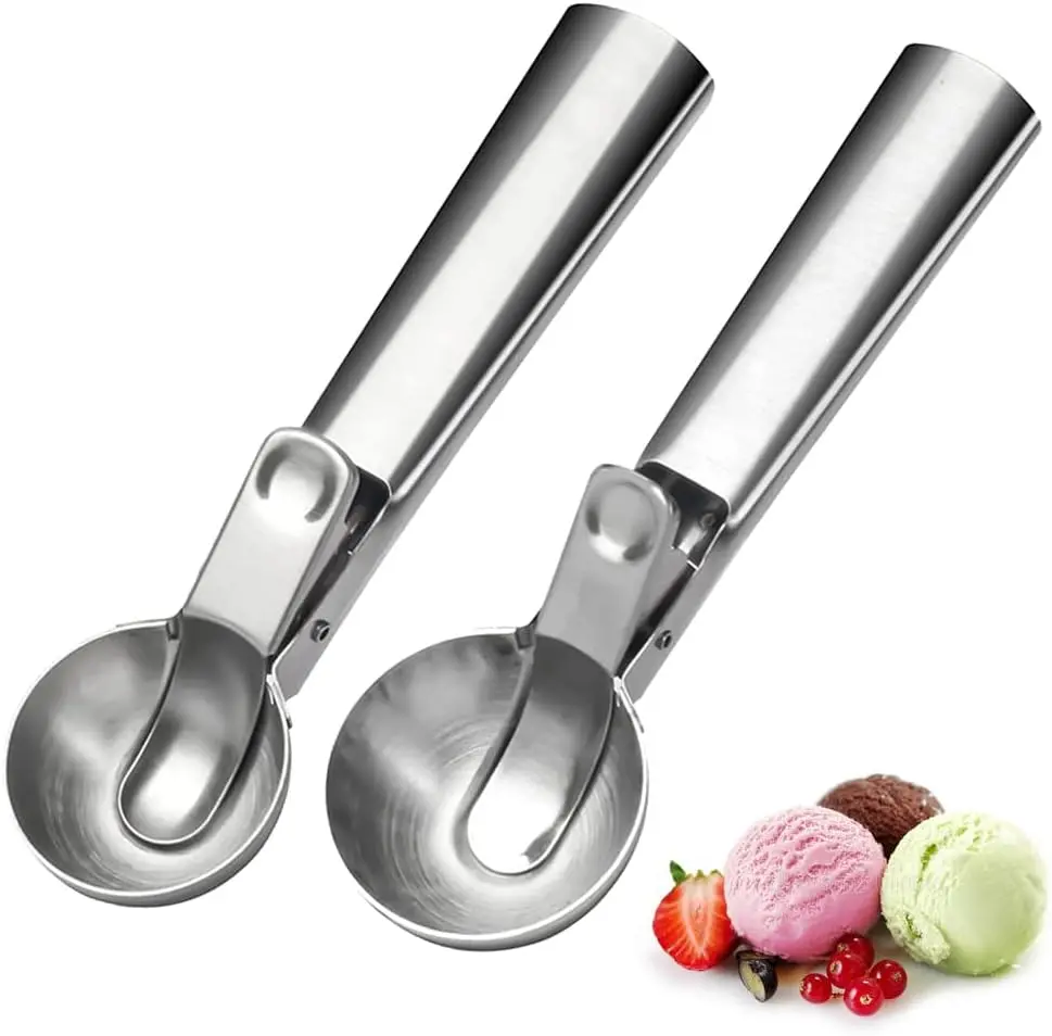 2Pcs Ice Cream Scoop Set,Portable Stainless Steel Ice Cream Scoop with Trigger and Comfortable Handle,Icecream Scoop Spoon Perfect for DIY Ice Cream,Fruit,Cookie,Dishwasher Safe (Silver) - Home Improvement.