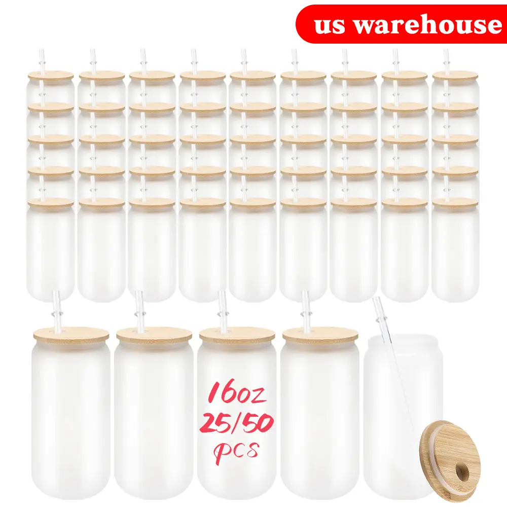 25/50pack Supply 16 fl oz Frosted Borosilicate Sublimation Glass Cans with Bamboo Lids & Plastic Straws - Reusable Portable Washable Waterbottletumbler, 25pack of frosted glass can, Sister Birthday Gift Ideas Kitchenware Drinkware