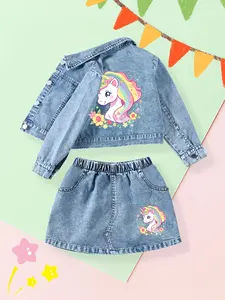 New Girl's Denim Jacket and Half Skirt Set 2pcs, Fashion Printed Jean Jacket + Short Skirt, Unicorn Themed Rainbow Mane Design, Casual Fit