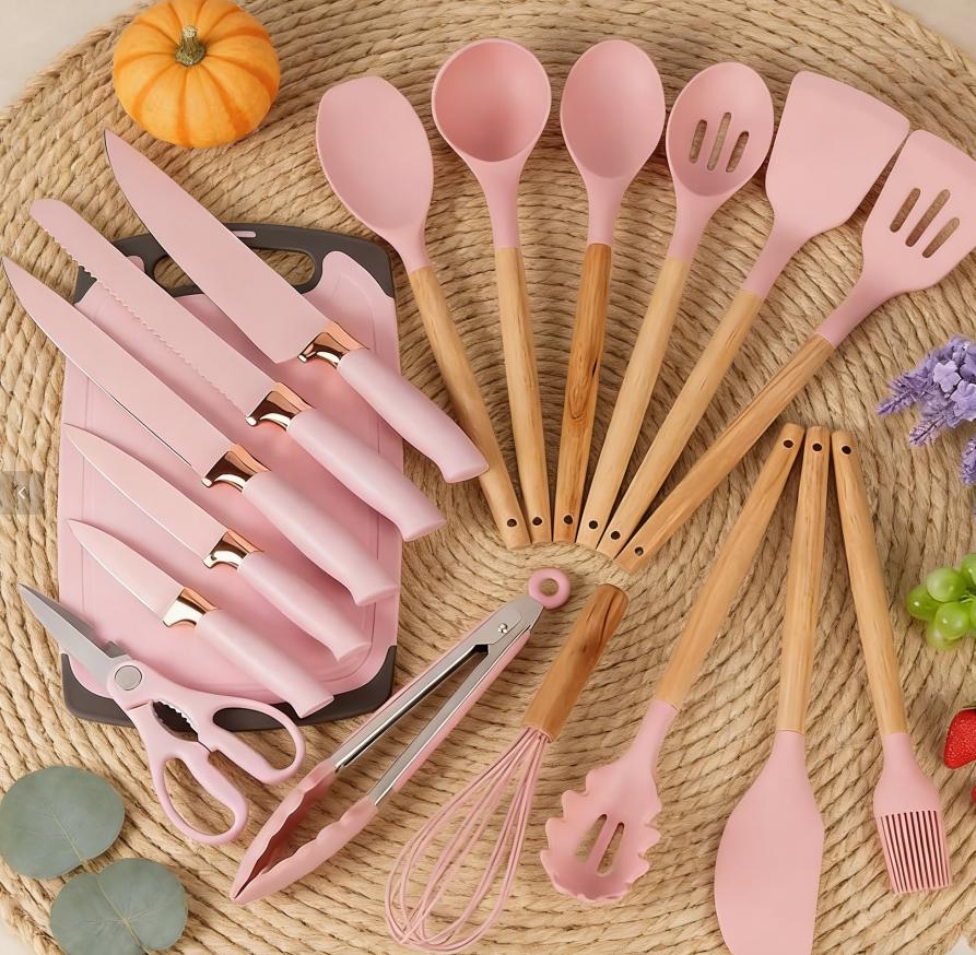 Silicone Kitchenware Set of 19: Set of Spatulas and Soup Spoons, High-Temperature Resistant Non-Stick Cookware, Cooking Kitchen Utensils, Household Silicone Spatula Wooden Handles charcuterie board White Pink