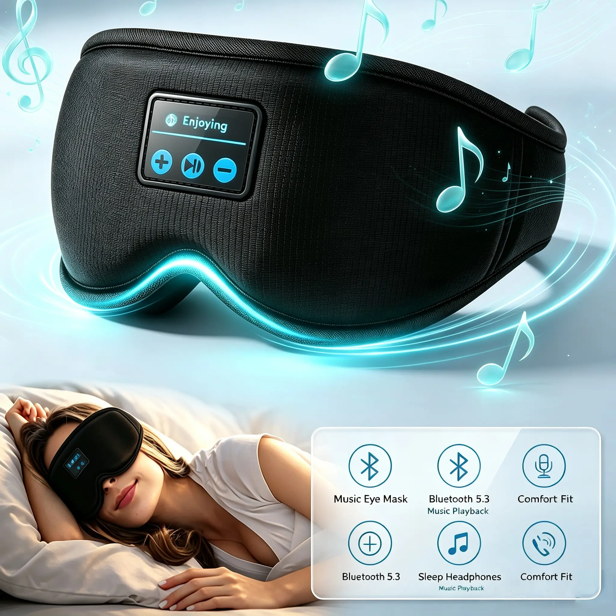 3D Bluetooth Sleep Mask Headphones for Insomnia, 100% Blackout Wireless Eye Mask with Headphones, 15H Playtime, HD Stereo, Adjustable for Side Sleepers, Travel, Yoga, Ideal Christmas New Year Gift for Women/Men