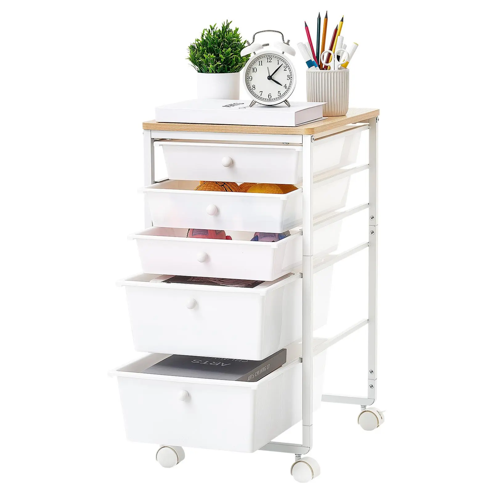 VEVOR Compact 5-Drawer Rolling Storage Cart with Wood Top, Steel Frame, Rolling Wheels, 2 Brakes, Racks, Single Unit Mobile Utility Organizer for Indoor Use Office/Bedroom, White