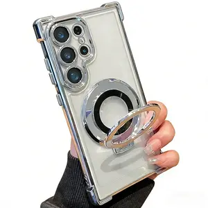 Luxury Magnetic Plating Stand Shockproof Clear Case For Samsung Galaxy S26 S25 S24 Ultra S23 S22 Note 20 Plus Acrylic Back Cover