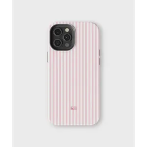 Personalized Pink Striped Tough Smartphone Case, Custom Monogram Aesthetic Phone Accessory, Rubber Handheld Wireless Cover for iPhone 17,16,15,14,13,12,11,X,Pro Max,Plus (Summer Coastal Preppy Beachy Design)