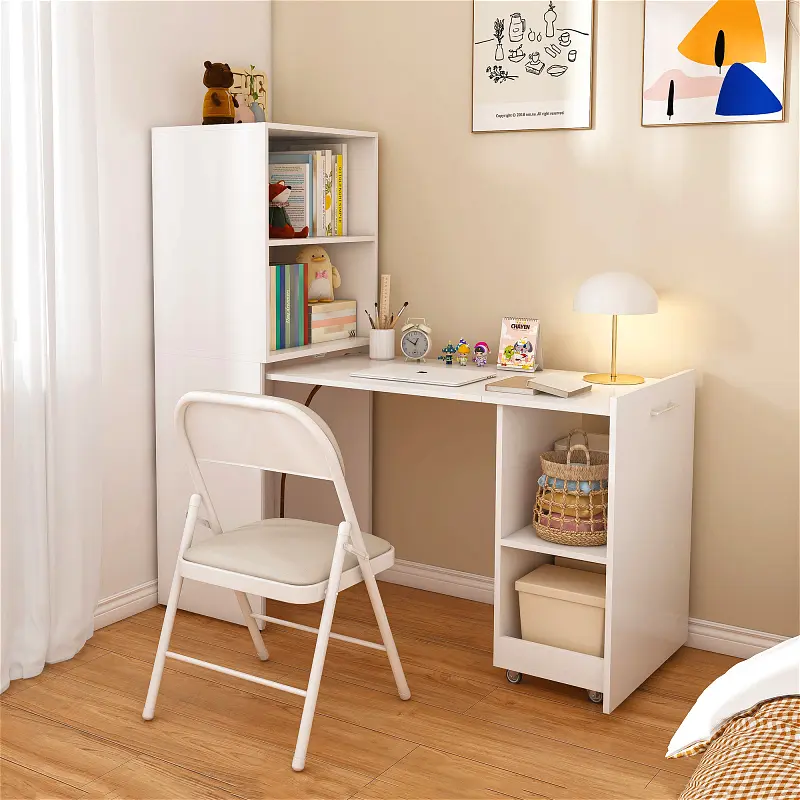White Adjustable Office Desk - Foldable, Expandable, Scratch Resistant, with Storage Shelves, 360° Swivel Casters, 15.7-49.6in Height Adjustment, Multi-Functional Commercial Furniture, Ideal for Small Spaces/Dormitories, Assembly Required