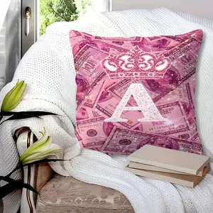 [Digital Throw Pillow] Money Pattern Aesthetic Cushion Cover, Decorative Cushion - Pink And Purple Glitter Dollar Bill Print With Crown And 26 Letter Design - Soft Durable Fabric For Home Decor - Throw Pillow - 45 × 45cm Includes Pillow Insert Zipper