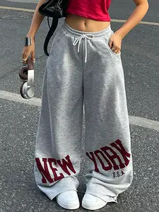 Ladies Y2K Style Baggy Track Pants, Vintage "NEW YORK" Graphic Print, High Waisted Drawstring Adjustable Wide Leg, Comfy Cotton Blend For Streetwear & Lounge