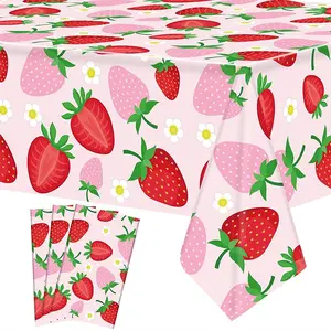 Strawberry Party Tablecloth Set, 3 Pieces Disposable Plastic Strawberry Theme Table Covers, Party Decoration Supplies, Perfect for Birthday & Baptism Parties