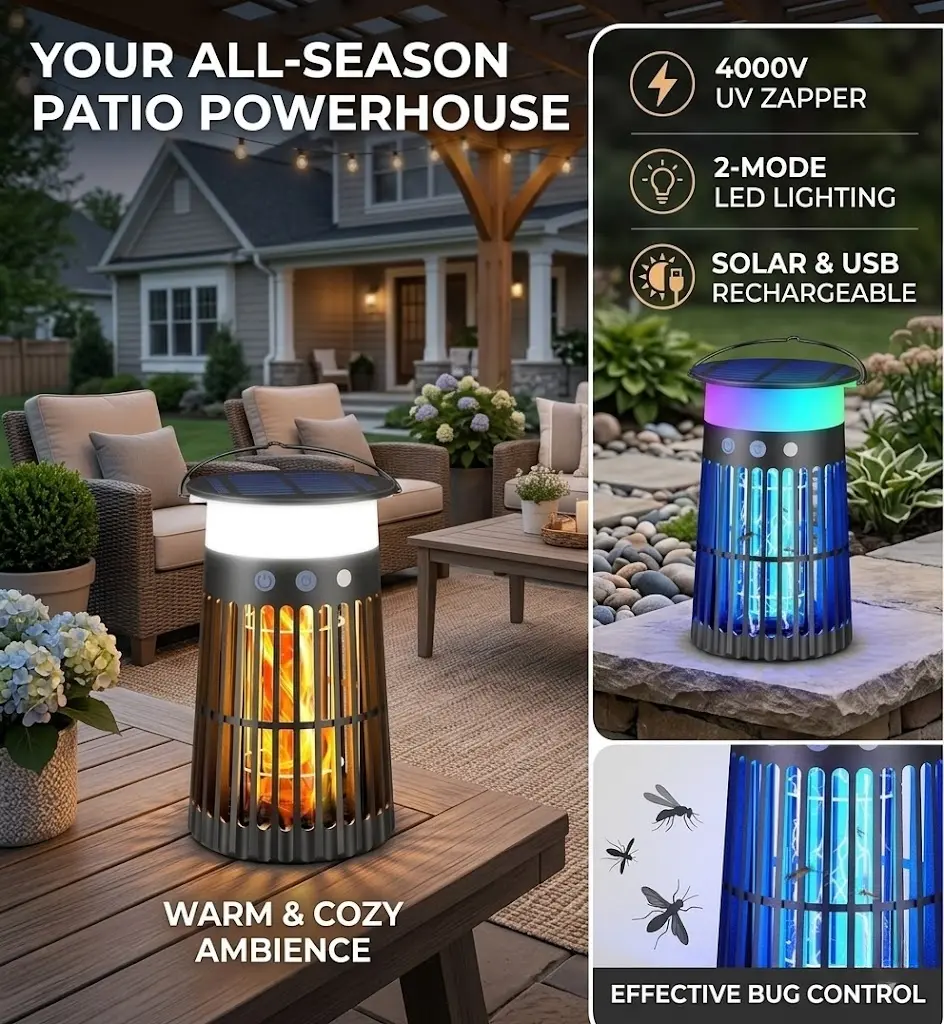 SAIJZEK. Solar Powered Bug Zapper Outdoor & Indoor - 4-in-1 Mosquito Killer, Electric Fly Trap with LED Camping Lantern & RGB Night Light, USB-C Rechargeable & IPX6 Waterproof for Patio, Backyard, Camping Insect Repellent UV