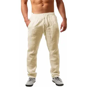PASLTER Men's Linen Trousers, Long Lightweight Summer Trousers, Loose Fit Casual Trousers for Holiday, Beach Everyday Life Menswear Pants