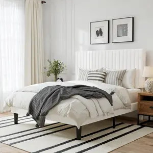 GOLDORO Modern Platform Bed Frame Upholstered Vertical Channel Tufted Headboard Wooden Slats Support No Box Spring Needed Easy Assembly Noise-Free Structure