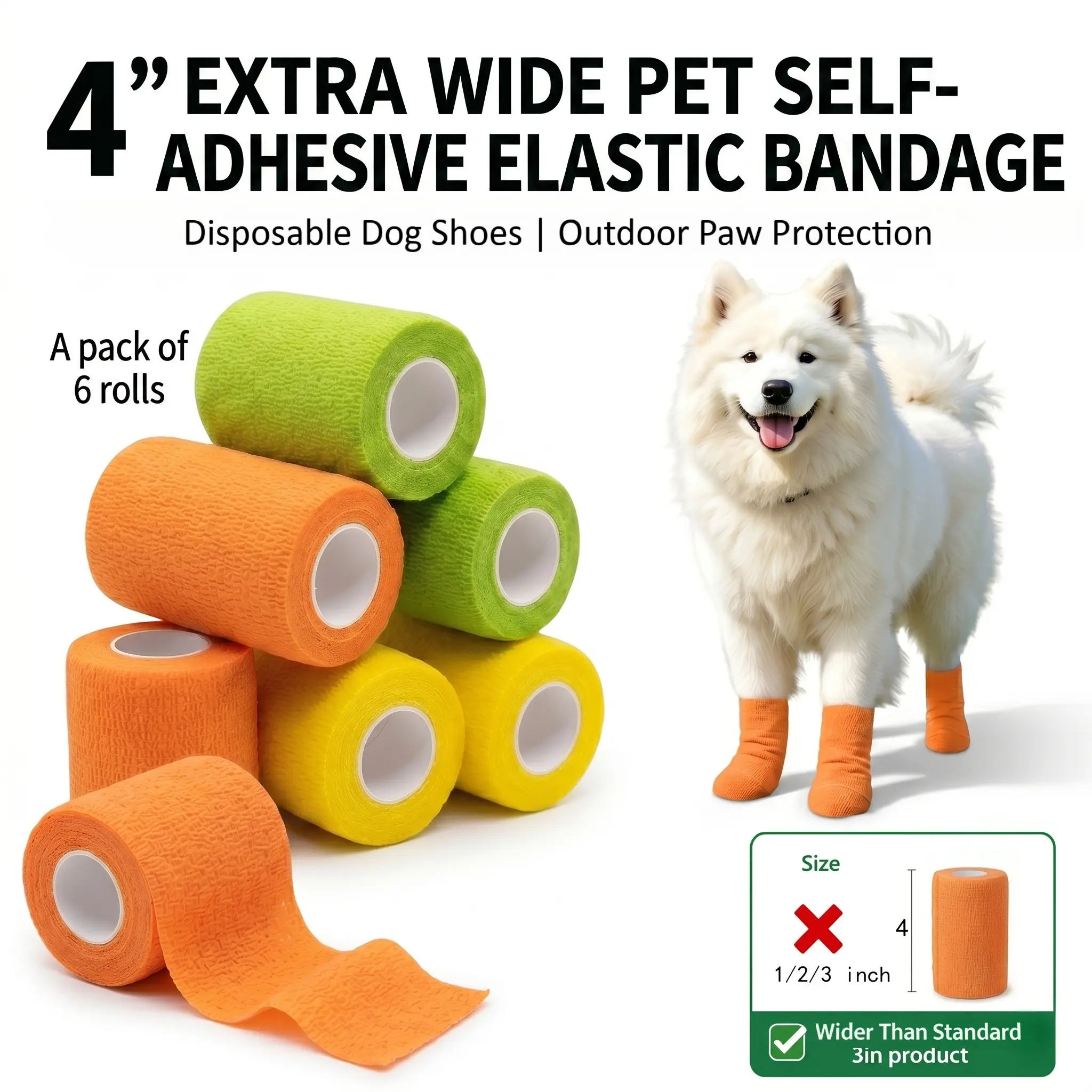 Disposable Dog Paw Protection Boots Supplies, 6 Rolls Multi-Color Heart Print, 4in Extra Wide (Wider Than Standard 3in), Waterproof Anti-Stain, High Elastic Self-Adhesive, Comfortable All-Weather, Fit Puppies & Dogs Over 15 lbs, Indoor Outdoor Use