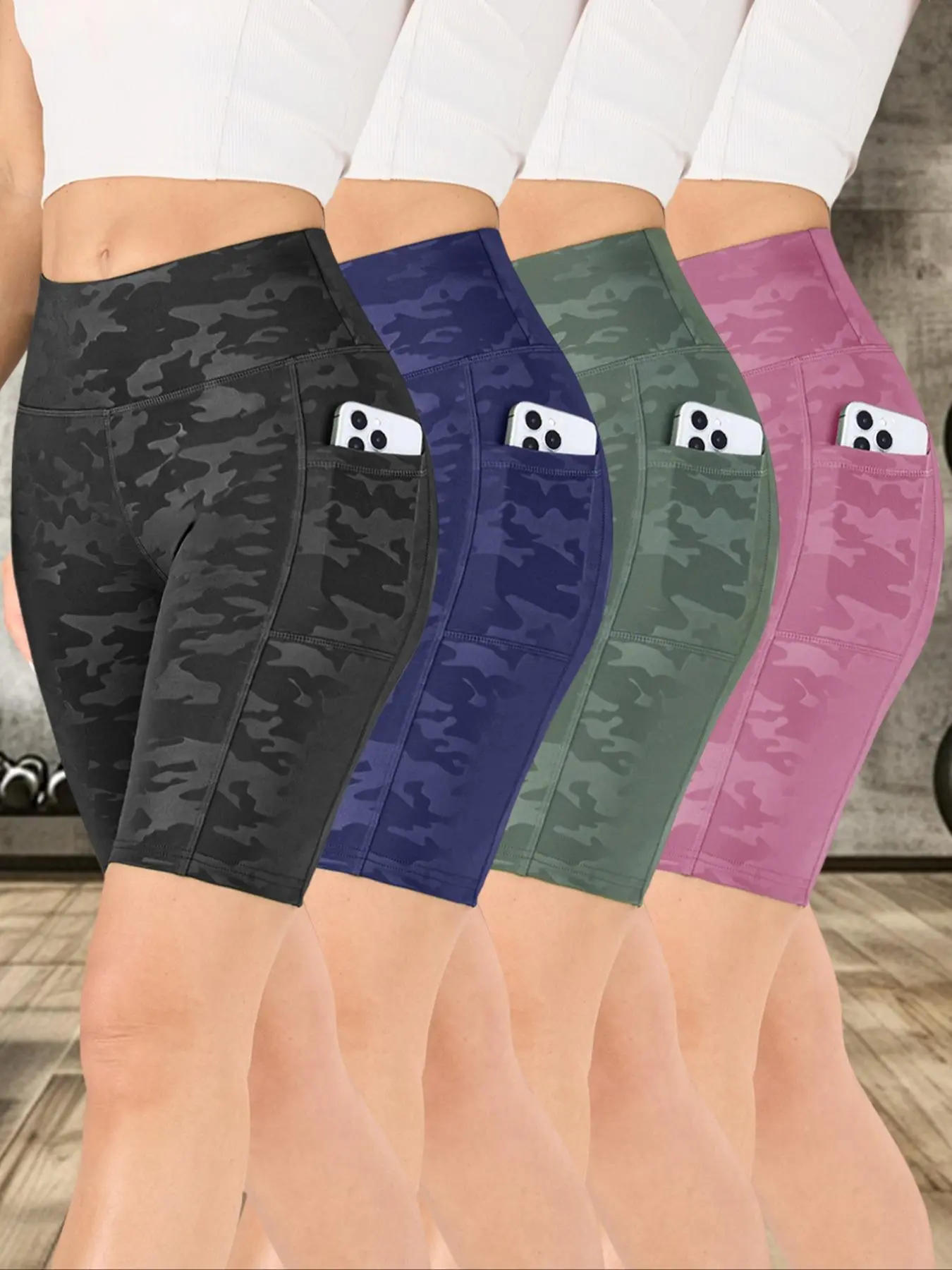 Women's Camo Print Gym Shorts, Breathable Comfortable Skinny Shorts, High Stretch Yoga Leggings, Ladies Sportswear for Indoor Outdoor Wear, Camouflage Athletic Shorts, Camo Fitted Shorts, Athletic Bottoms