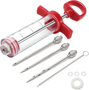 Grill Bump Meat Injector 1-oz Plastic BBQ Marinade Injector Kit with 3 Stainless Steel Needles 3 Replacement O Rings & Cleaning Brush for Turkey Smoked BBQ Grill Barbecue Accessories