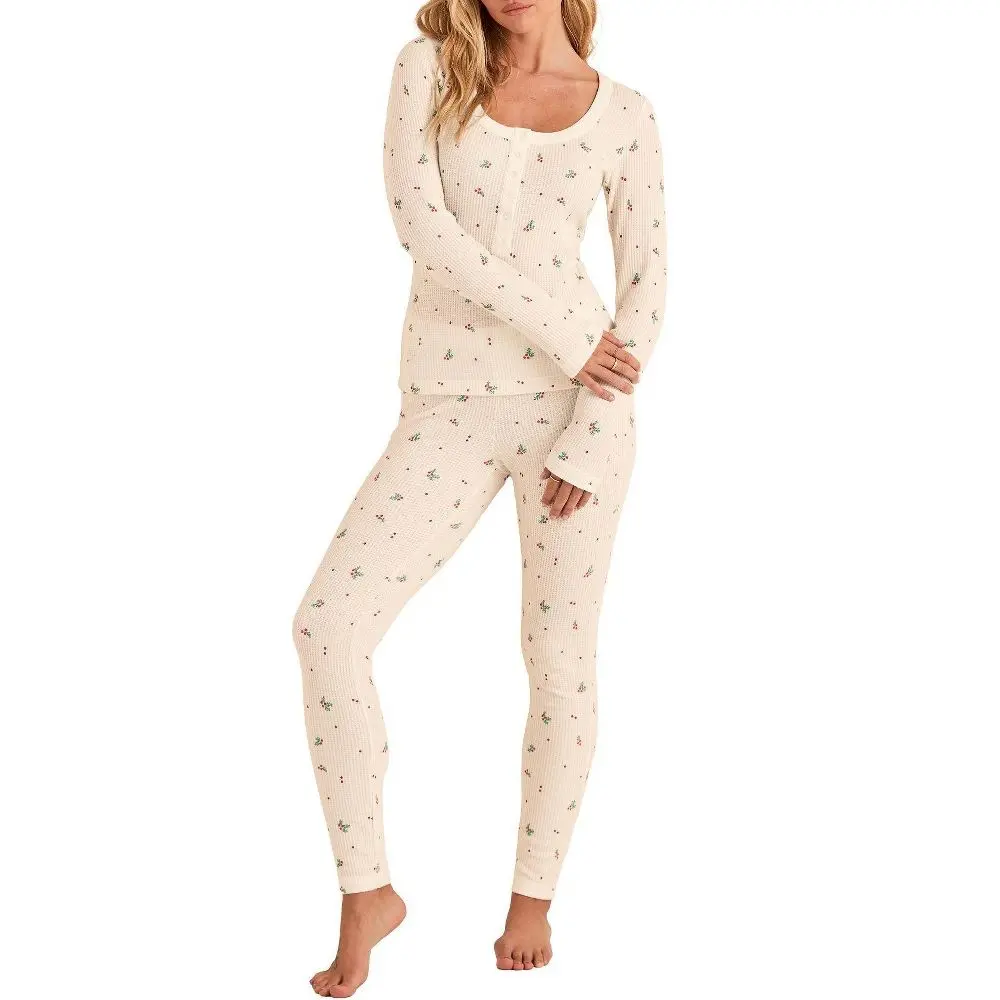Adore Me Women's Kathy Waffle Pajama Set - Size M, Berry Christmas C01 Beige, Spandex Apparel with Pullover Blouse & T-Shirt Sleepwear, Matching, Print, Long Sleeves