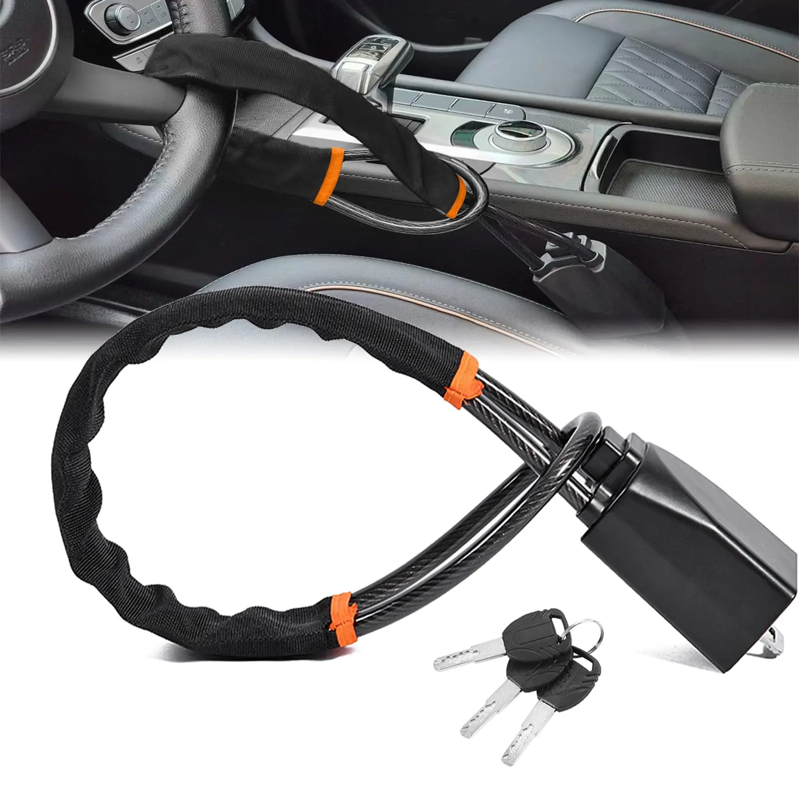 Automotive Interior Dual-Locking Quick-Install Multi-Functional Anti-Theft Lock for Steering Wheel & Seat Belt, Car Accessories, 17" Max Length, Small Lightweight, Fits Most Vehicles, SUVs & Golf Carts (Black), Key, Adjustable