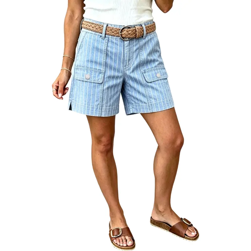 Flamingals Pinstriped Split Flap Decor Mid Waist Denim Mid Thigh Shorts Without Belt Womenswear Stretchy 5.9" Inseam