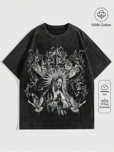 valentine shirts Old washed 100% cotton men's T-shirt, high street trendy brand retro religious Virgin print short sleeve, dark wind lover collection grade long tail, daily street/trendy party occasion, gothic art pattern top, gothic clothing, daily wear