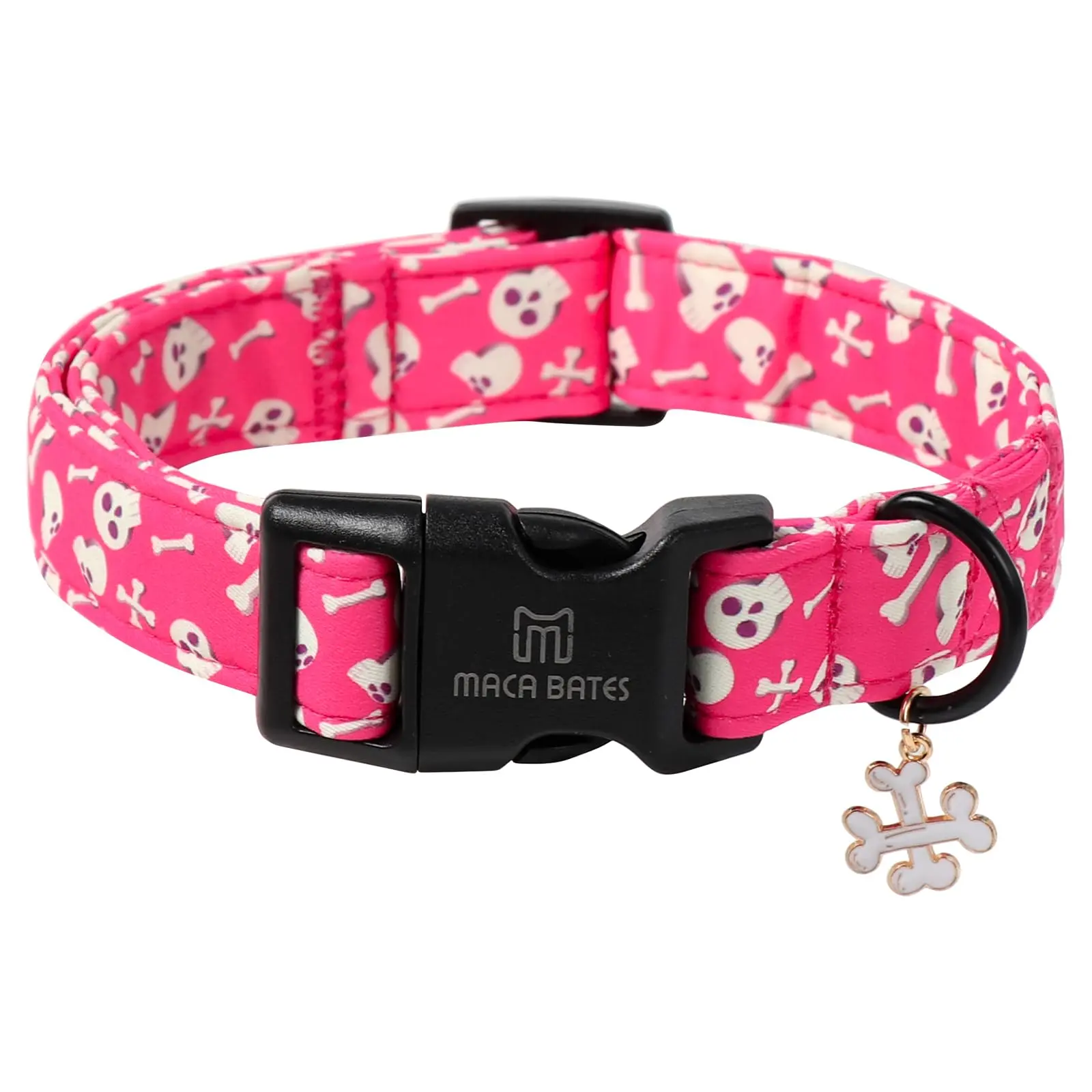 Maca Bates Halloween Skull Print Pink Dog Collar - Adjustable Fit, Durable Cotton Cloth, Soft All-Day Wear, Universal Size for Small-Large Puppies, Bone Charm, Safety Buckle