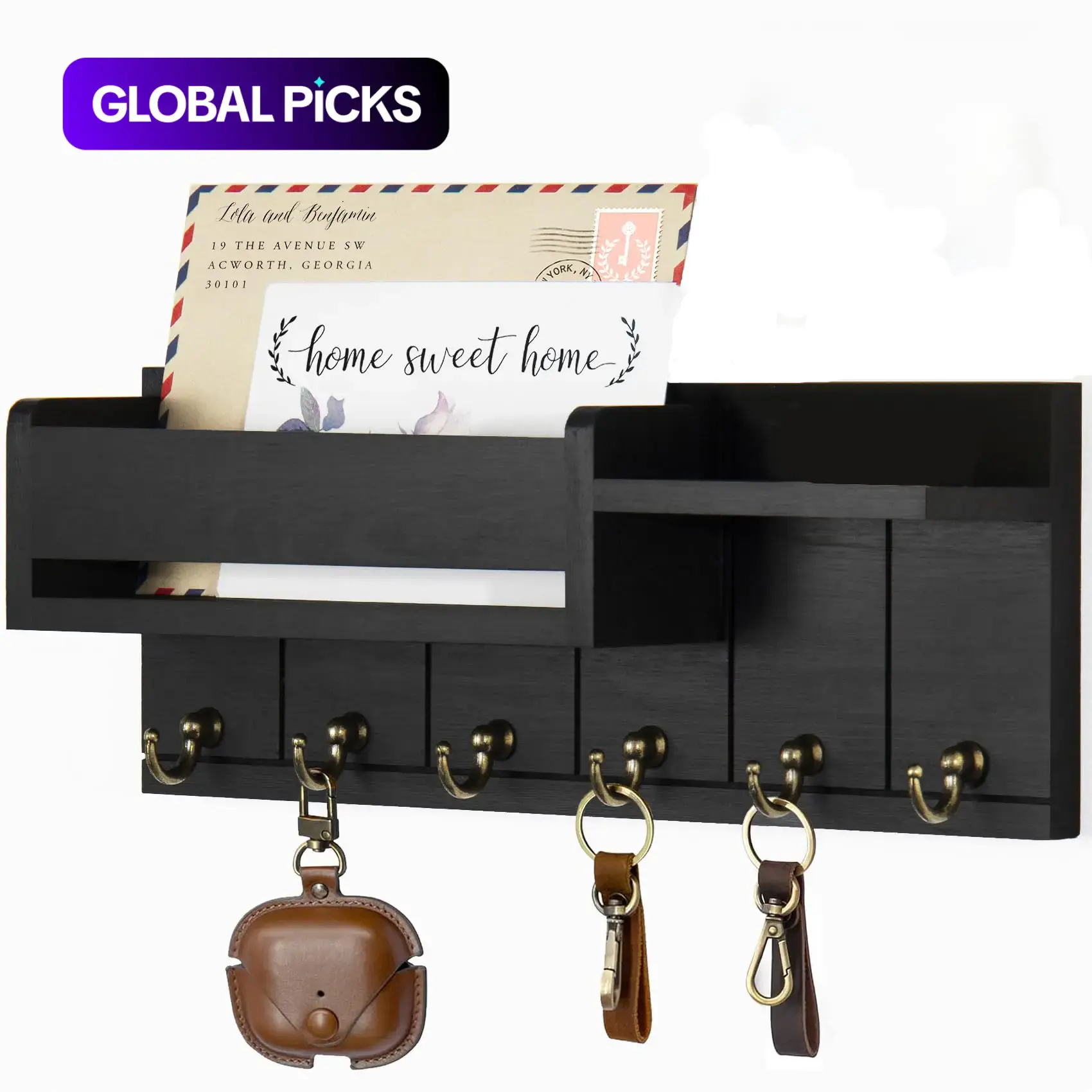 Wall-Mounted Wooden Key Holder Shelf with 6 Key Hooks & Mail Sorter, Home Organizer for Entryway & Living Room #GLOBAL PICKS