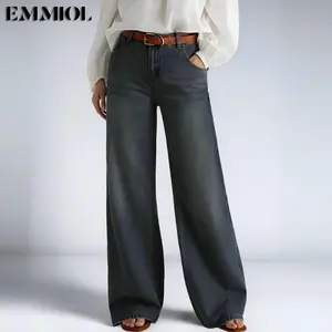 EMMIOL Women's Wide-Leg Loose Jeans, four-pocket design, zip fly, button closure, belt loops, relaxed fit - Women's Bottoms, Pants, Street Style, Comfortable