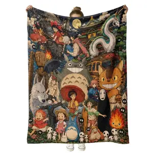 Studio Ghibli Anime Flannel Blanket, Vintage Watercolour Print, Starry Night Background, Wrinkle-Resistant Ultra-Soft Plush Throw for Miyazaki Fans, Bed/Sofa Decor, Birthday Gift