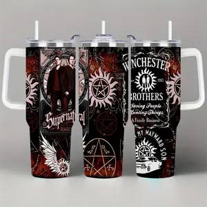 1 Piece Lyrichard 40 oz < Supernatural >   TV Series Inspired Thermos Cup - Retro Winchester Brothers Design (With Handle, Leak-Proof Double-Wall Insulation, Can Keep Drinks Hot or Cold for a Long Time, 304 Stainless Steel Travel Cup, Suitable for F
