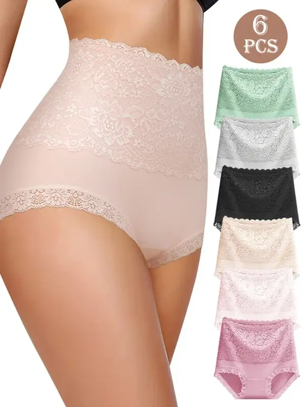 QUASTI 6-Piece High-Waisted Cotton Tummy Control Women's Panties, Delicate and Elegant Lace, Butt Lifting, Super Soft and Comfortable, Highly Elastic and Breathable, Confident and Elegant Womenswear, S-XXL