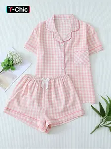 Two-Piece Set Women's Plaid Print Aesthetic Pajama Set, Long Sleeve Lapel Neck Button Front Shirt & Bow Decor Pants PJ Set, Women's Fitted Sleepwear Loungewear Homewear for All Seasons