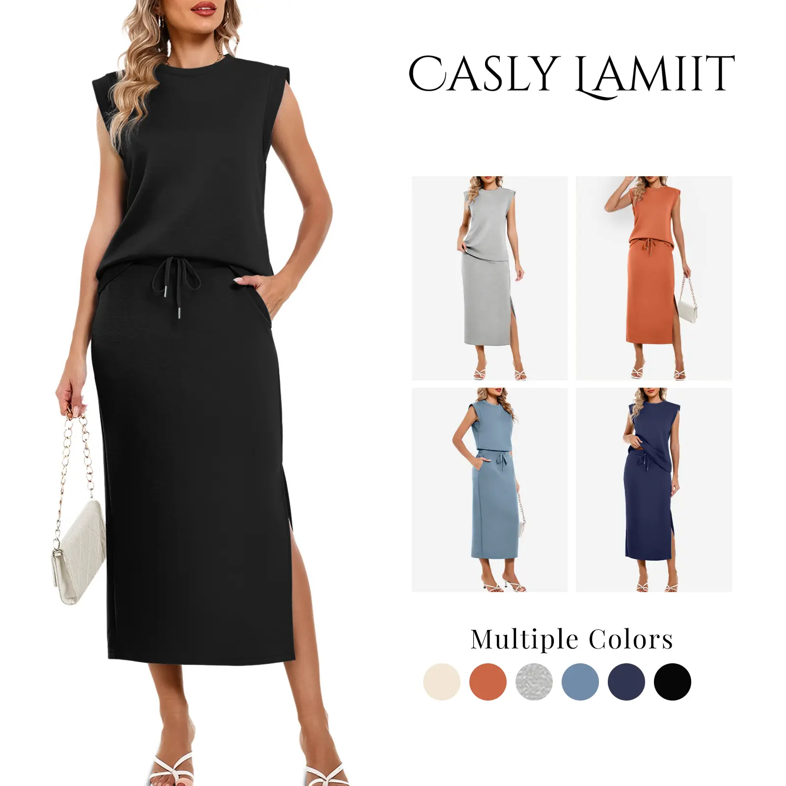 Casly Lamiit Women's Two Piece Sets Summer Lounge Outfits Cap Sleeve Top Drawstring Midi Skirts Set with Pockets sohochic