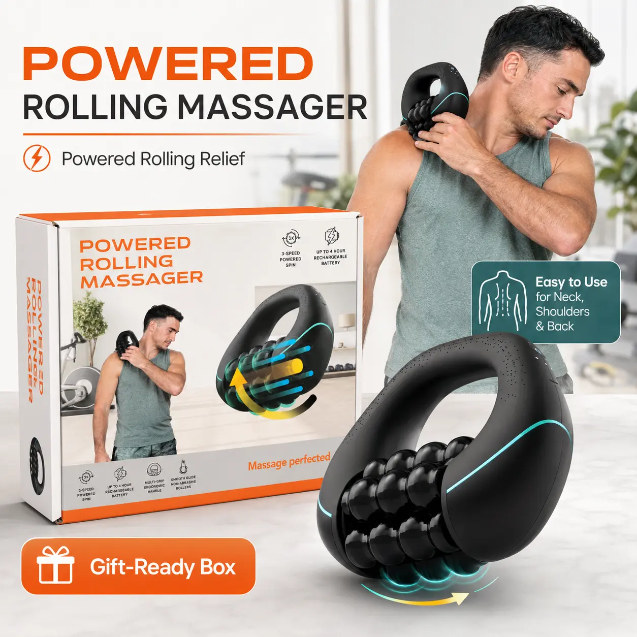 Mini Rolling Percussive Massager, Deep Tissue Muscle Roller | Portable Percussive Massage Roller, Neck and Shoulder Massager, Multi-Grip Handle, Rechargeable, Muscle Recovery Lightweight