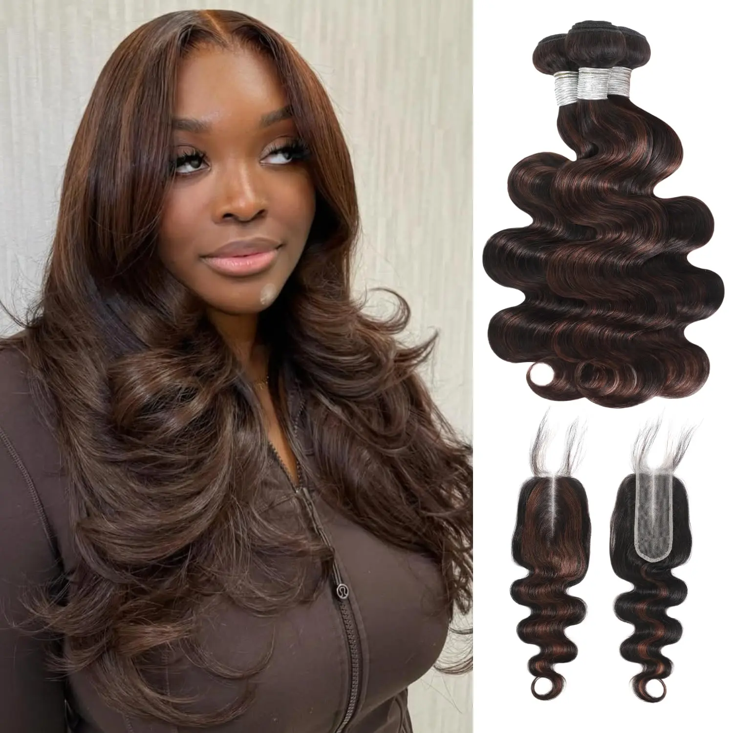 ALHER Brown Highlight 3 Bundles with 2x6/4x4 Closure Body Wave Human Hair 12A Thick #F4/2 Dark Brown with Chestnut Highlight Human Hair Bundles with Ear to Ear 13x4 Frontal(3 Bundles with 2x6/4x4 closure,3 Bundles with 13x4 Frontal,optional)