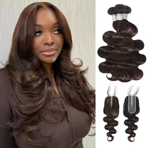 ALHER Brown Highlight 3 Bundles with 2x6/4x4 Closure Body Wave Human Hair 12A Thick #F4/2 Dark Brown with Chestnut Highlight Human Hair Bundles with Ear to Ear 13x4 Frontal(3 Bundles with 2x6/4x4 closure,3 Bundles with 13x4 Frontal,optional)