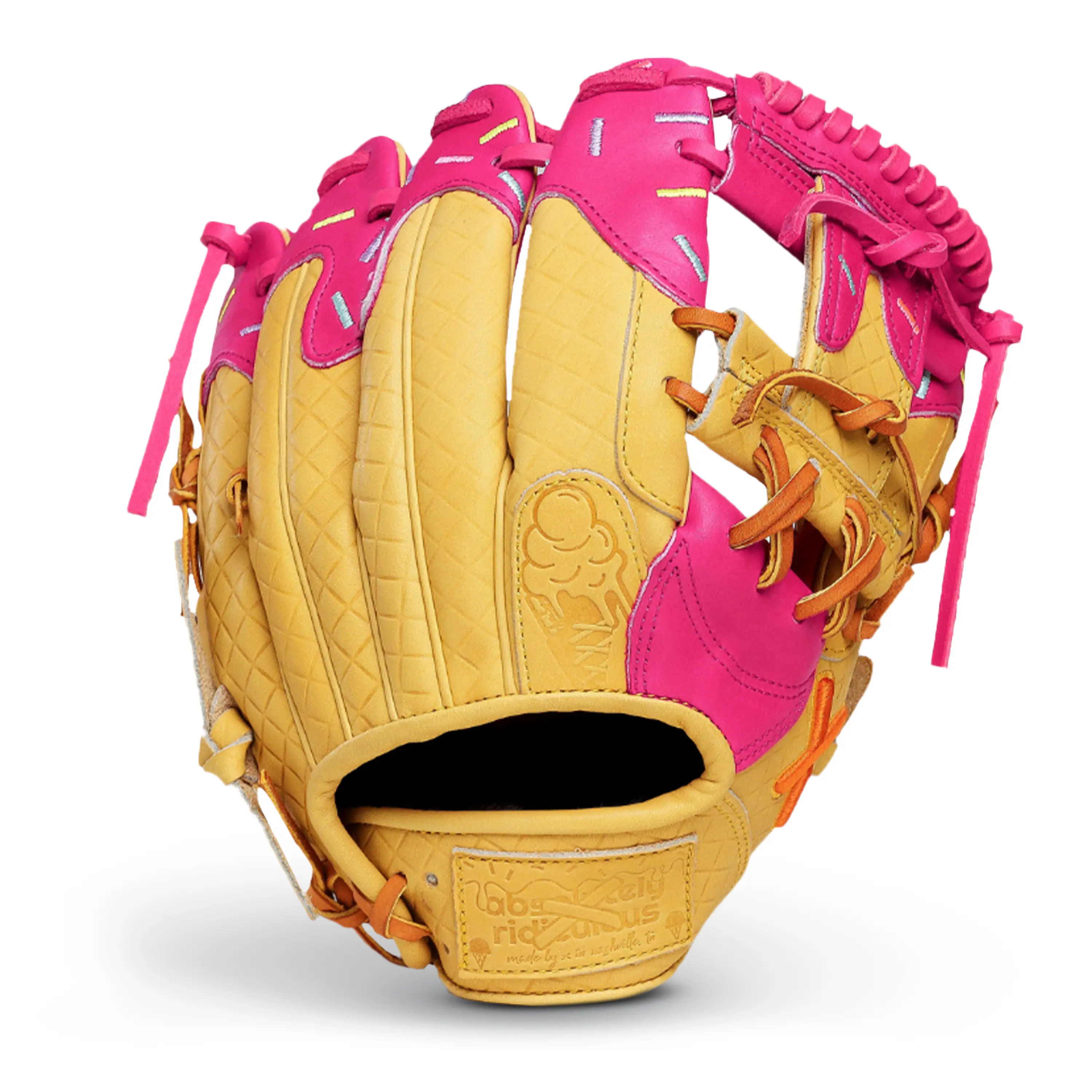Leather Baseball Mitt with Fine Point Embroidery, Ice Cream Themed Design, Money-Back Guarantee for Baseball Sports & Outdoor Use, Handmade Craft, Luxury Sheep Wool Wrist Strap
