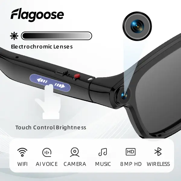 Flagoose Upgrade 2pcs Electrochromic AI Smart Glasses with Camera 8MP HD Video and Photo Recording for Men and Women