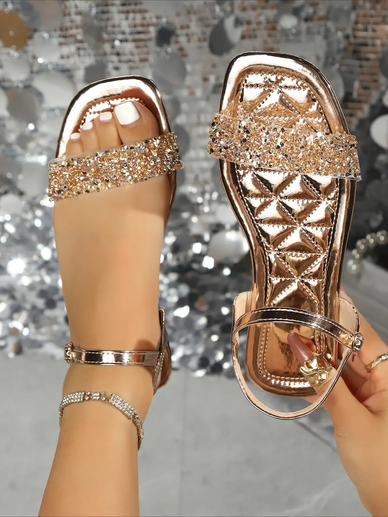 Women's Rhinestone Embellished One-Strap Flat Heel Sandals, Rose Gold Sparkly Open-Toe Fairy Sandals, Summer Casual Beach Vacation Shoes Footwear, Flats Sandals