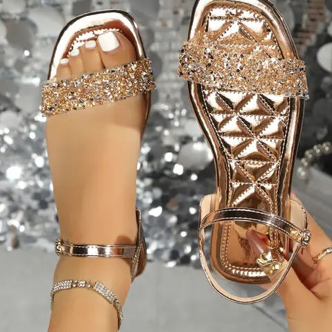 Women's Rhinestone Embellished One-Strap Flat Heel Sandals, Rose Gold Sparkly Open-Toe Fairy Sandals, Summer Casual Beach Vacation Shoes Footwear, Flats Sandals