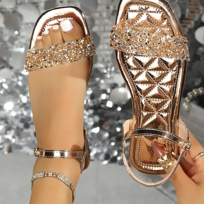 Women's Rhinestone Embellished One-Strap Flat Heel Sandals, Rose Gold Sparkly Open-Toe Fairy Sandals, Summer Casual Beach Vacation Shoes Footwear, Flats Sandals