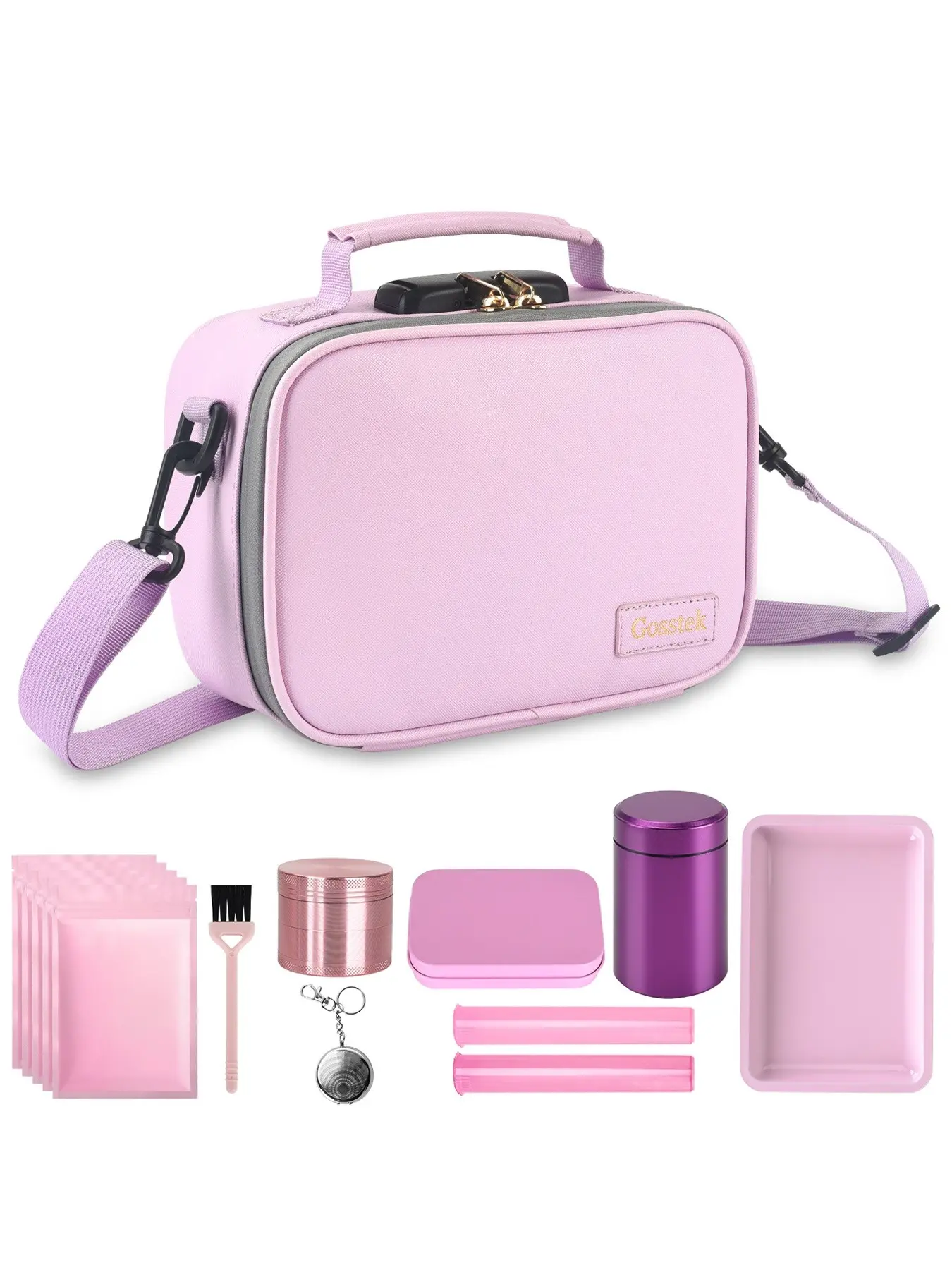 Gosstek PU Leather Lockable Storage Bag with 9 PCS Accessories, Portable Odor Resistant Organizer Case with Combination Lock, Multi-Purpose Secure Container for Home & Travel, Travel Essentials Organization, Pink, 9" x 6" x 4