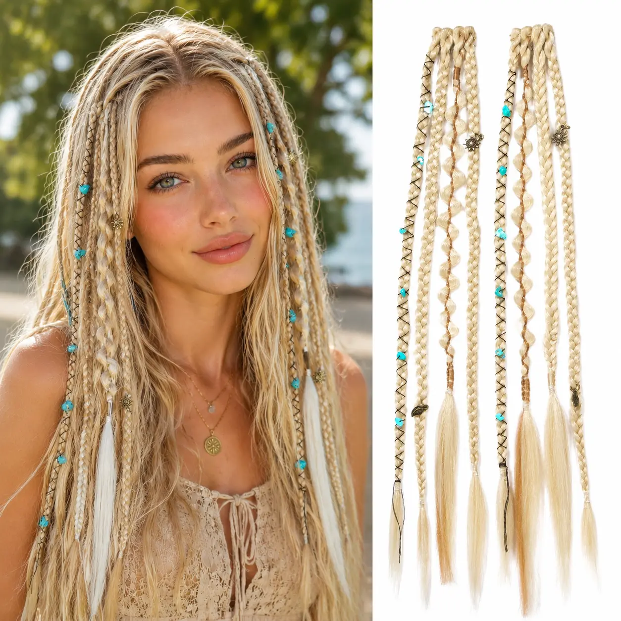 2PCS Boho Dreadlock Clip in Braids, Viking Hair Extensions Golden Blonde, 16 Inch Synthetic Braided Hair with Beads and Charms for Women Cosplay