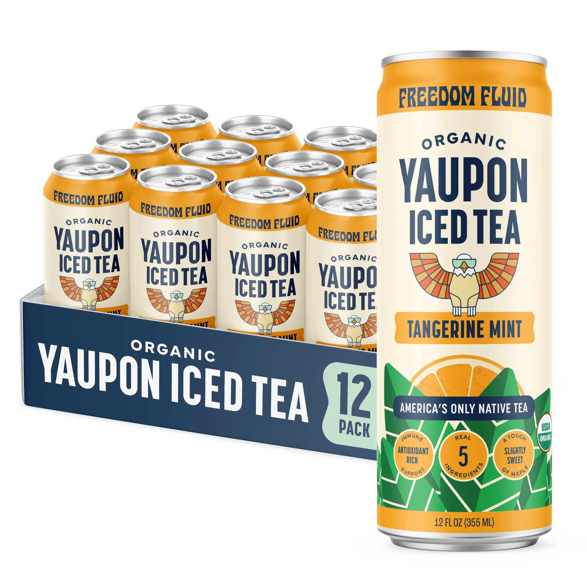 Freedom Fluid Organic Yaupon Iced Tea - Tangerine Mint, 12oz (12 Pack), Lightly Sweetened, Herbal Tea Drink, Low Calorie, Low Sugar, Real Brewed Tea, Antioxidant Rich, Natural Caffeine