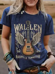 Women's Nashville Dream Guitar Print Short Sleeve Fitted T-Shirt, Casual Summer Top, Round Neck, Breathable, S-Xxl, Fashion Vintage Style