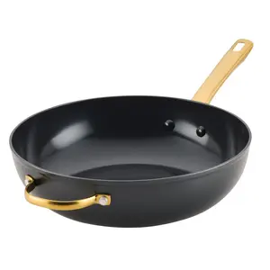12.25-Inch Nonstick Frying Pan with Helper Handle - Induction Ready, Ceramic Nonstick Coating, Forged Aluminum Body, Steel Base, Black Exterior with Gold Accents, Kitchen Cookware